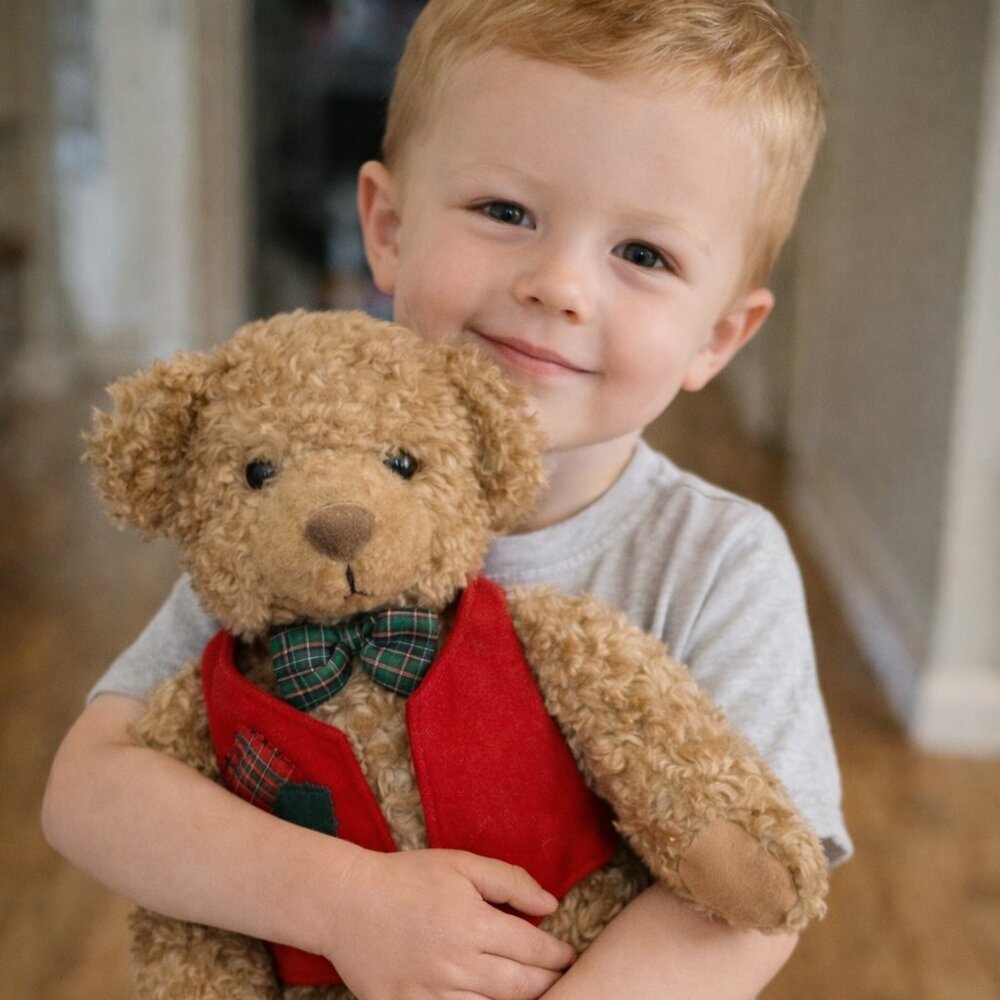 Title: Vintage Hallmark Teddy Bear Red Vest Plaid Bow Plush Stuffed Animal